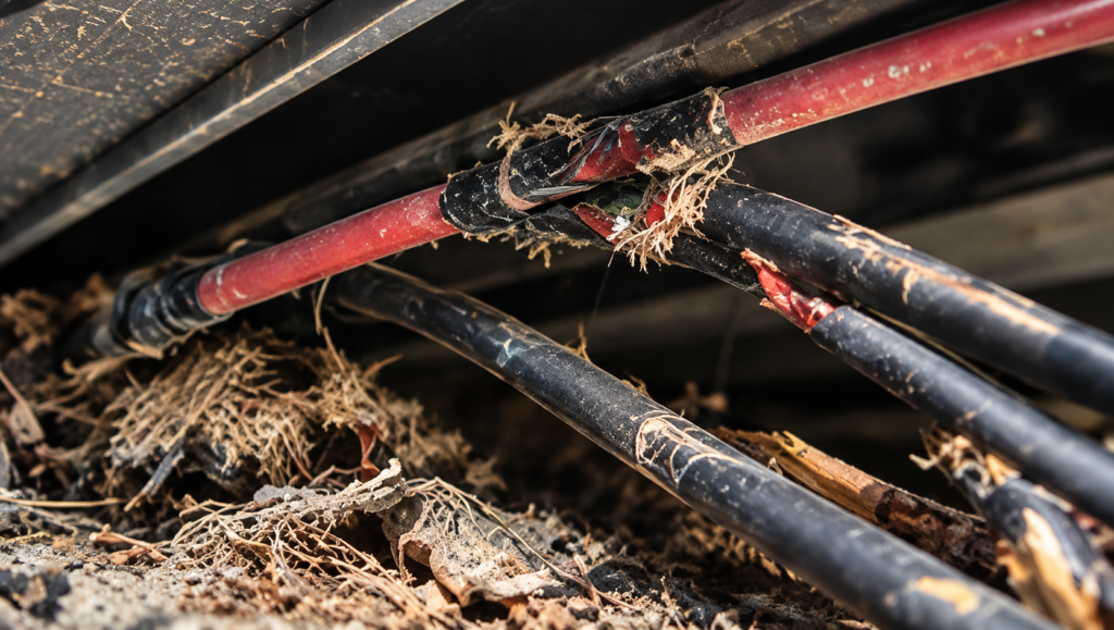 wire damage due to squirrels underneath solar panels