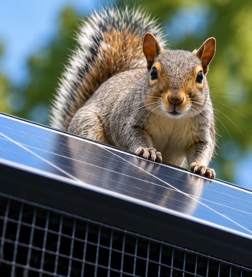 squirrel sitting behind solar panel with critter guard