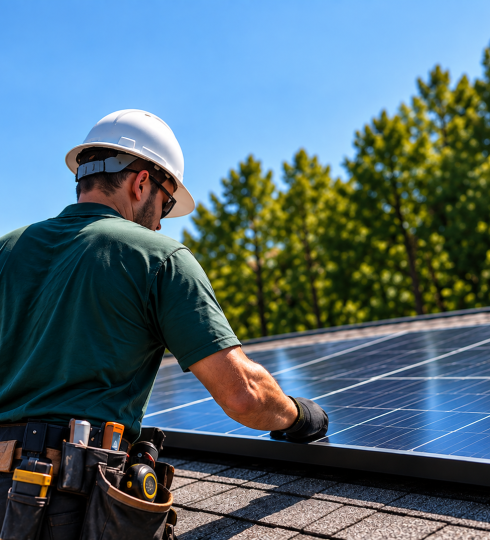 Solar technician reinstalling solar panels